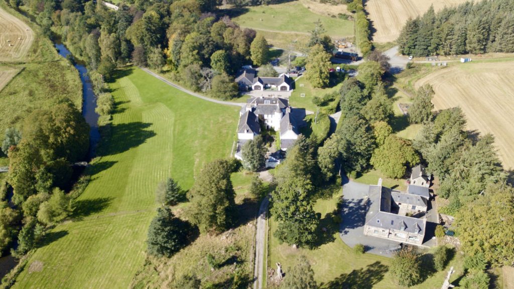 Logie Country House Center. Stable top centre, Ballroom top left. Coach House bottom right. Lawn, Island & River Urie on the left
